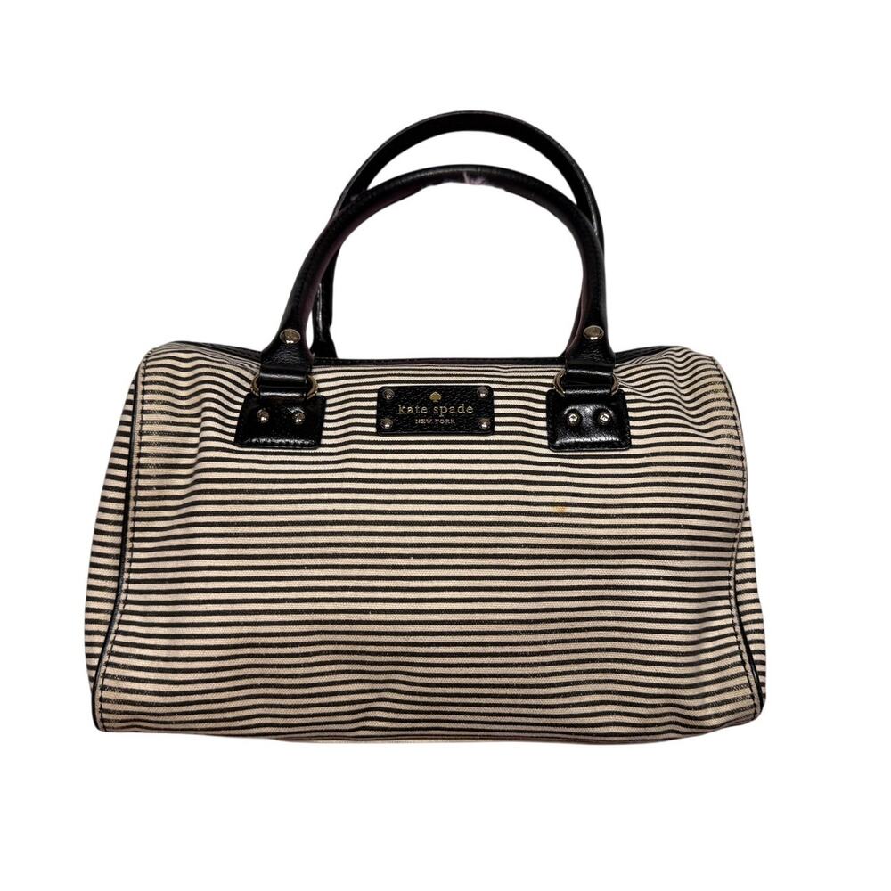 Kate Spade Striped Canvas Satchel Handbag Black Cream EUC